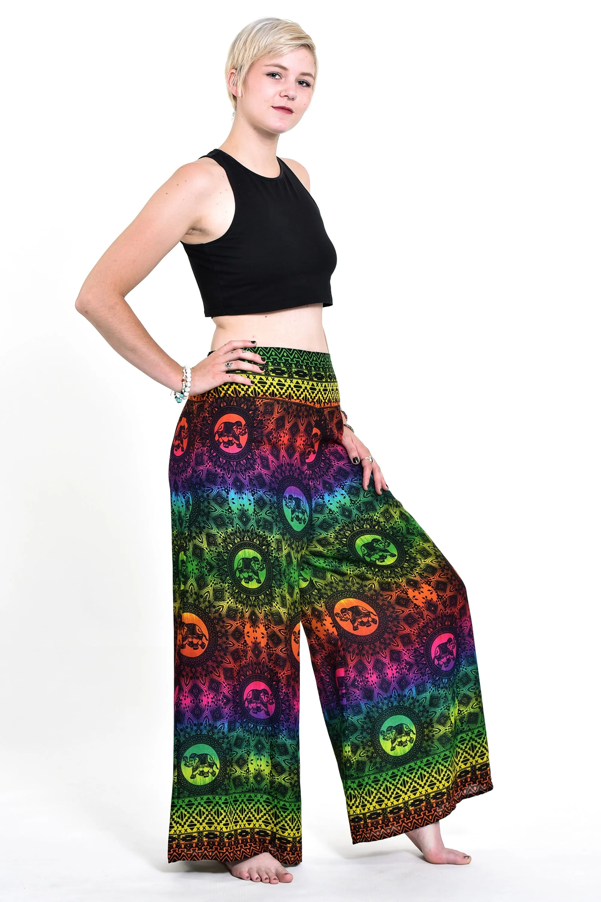 Rainbow Elephant Straight Cut Wide Leg Palazzo with Elastic Back Waistband in Green