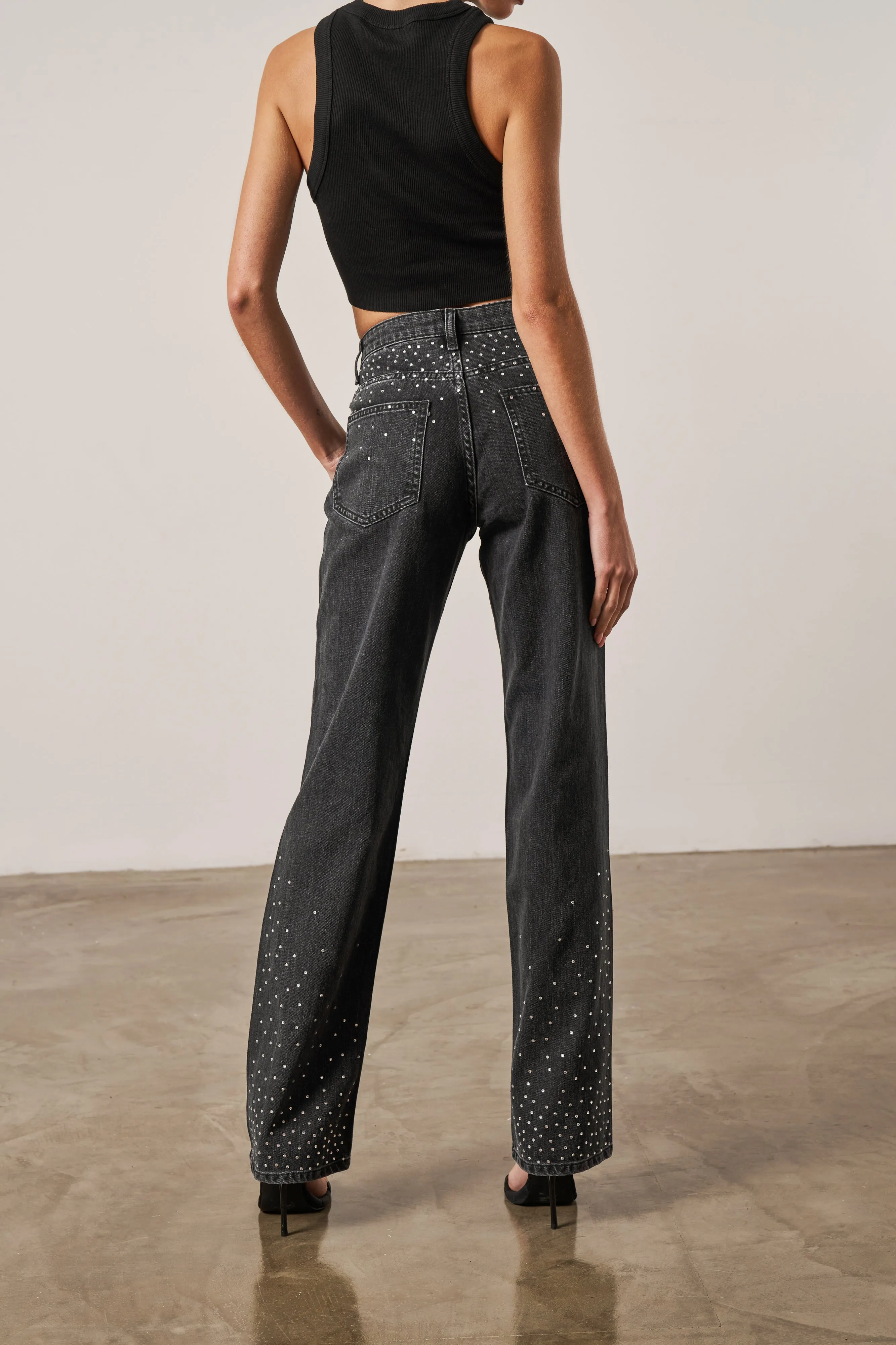 RHINESTONE STRAIGHT LEG JEANS - WASHED BLACK