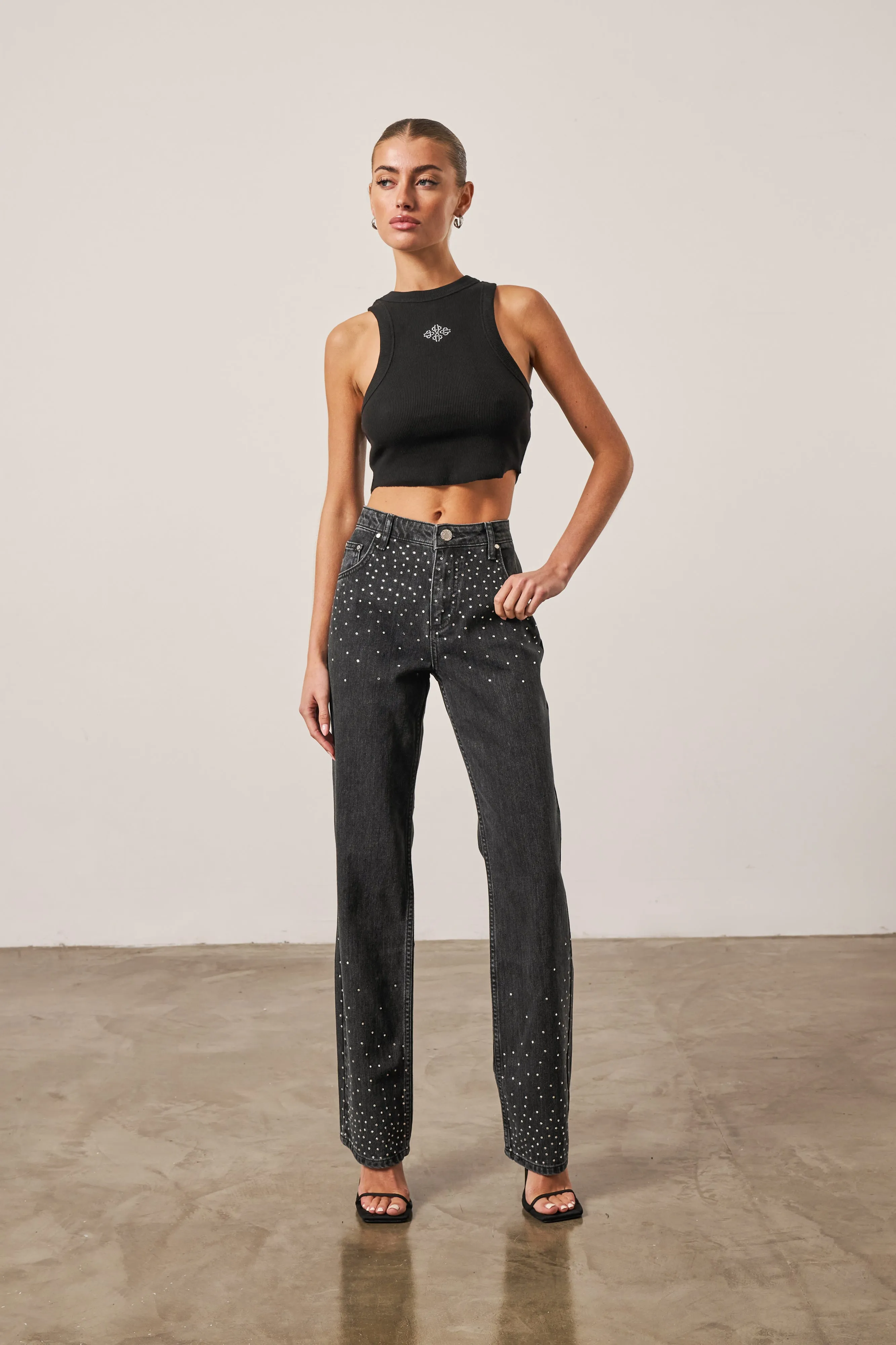 RHINESTONE STRAIGHT LEG JEANS - WASHED BLACK