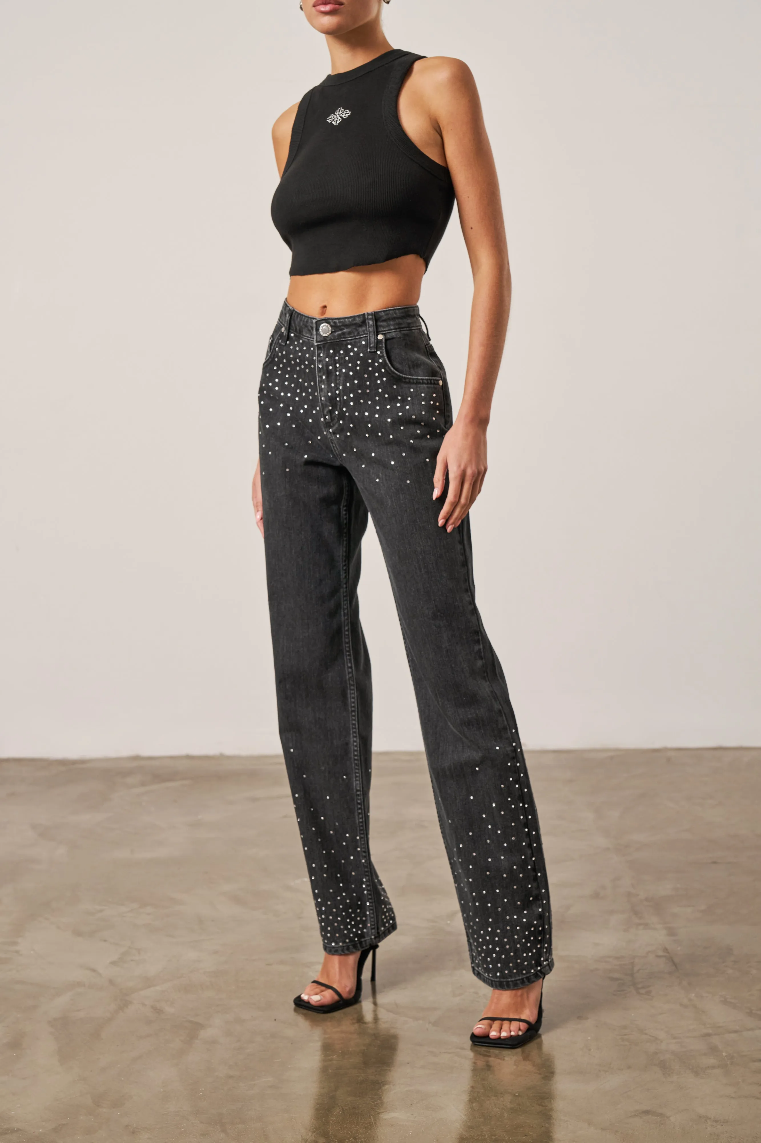 RHINESTONE STRAIGHT LEG JEANS - WASHED BLACK