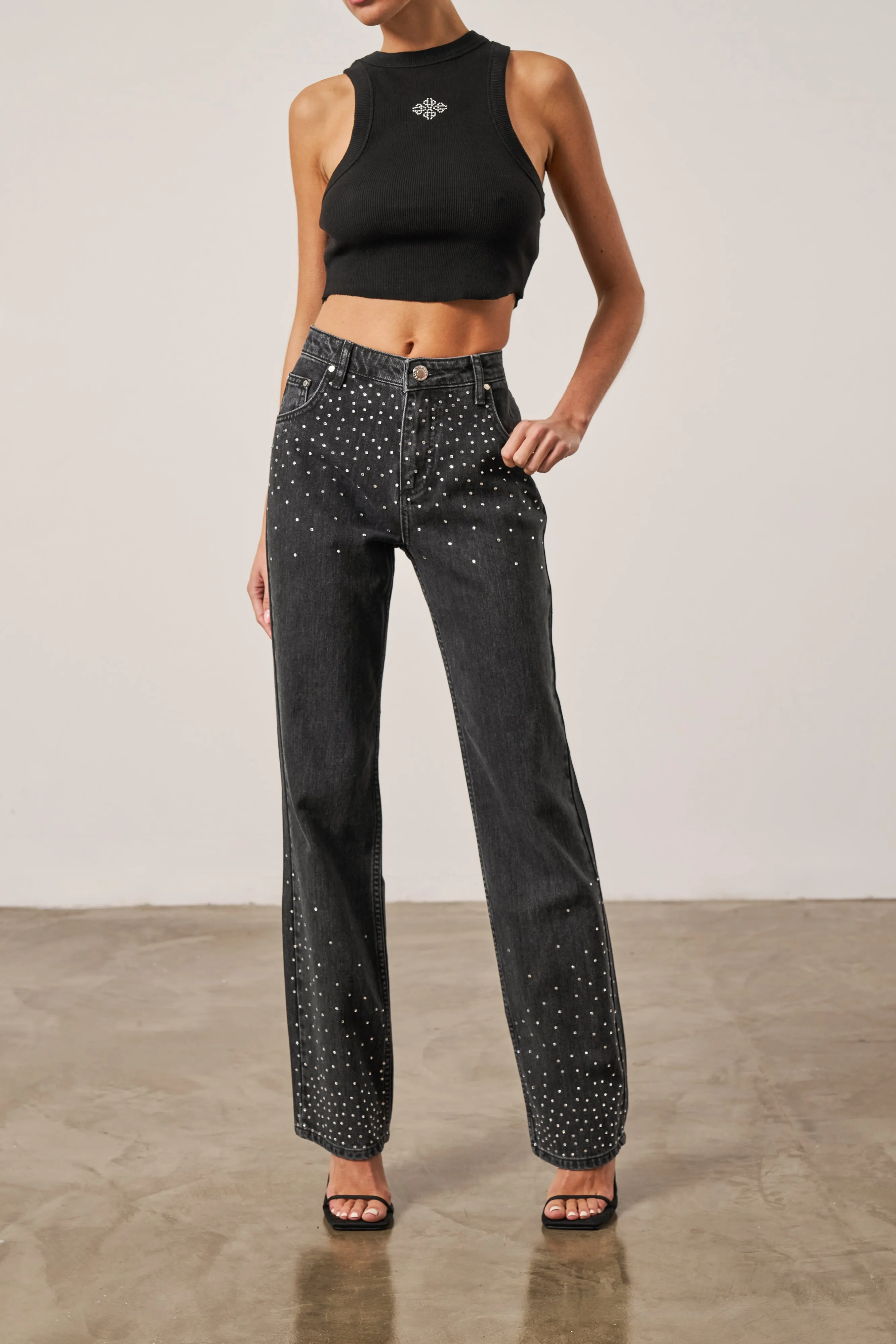 RHINESTONE STRAIGHT LEG JEANS - WASHED BLACK