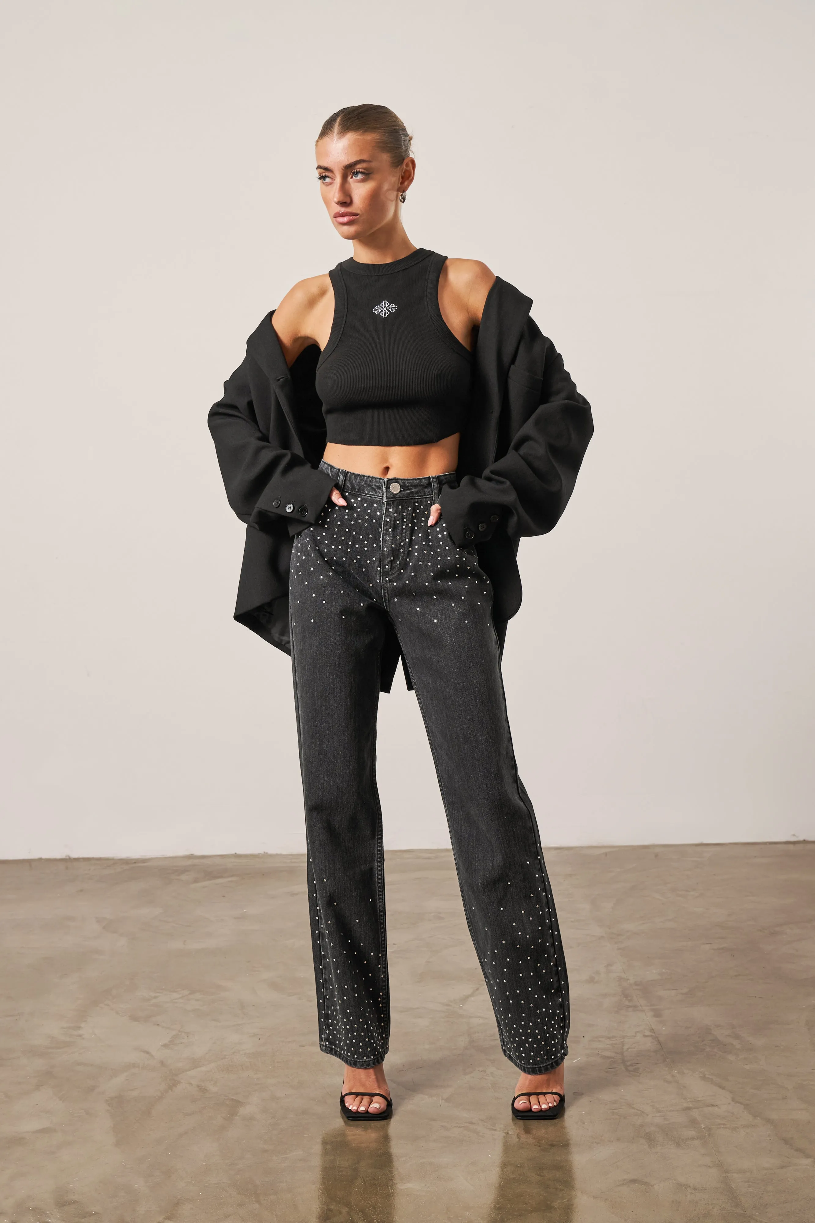 RHINESTONE STRAIGHT LEG JEANS - WASHED BLACK