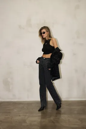 RHINESTONE STRAIGHT LEG JEANS - WASHED BLACK