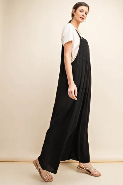 Ruched Wide Leg Overalls in Black