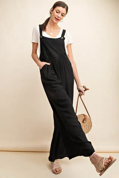 Ruched Wide Leg Overalls in Black