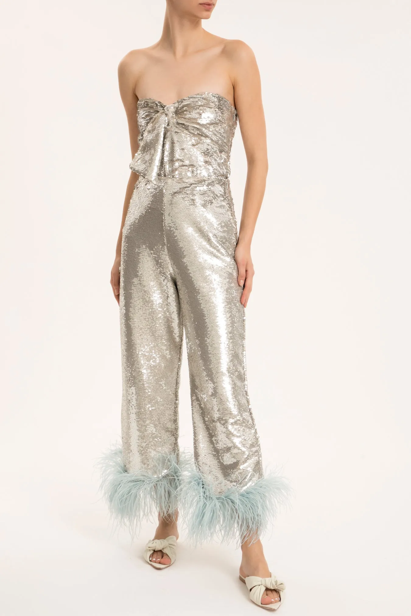 Sequins Wide-Leg Pants With Feathers