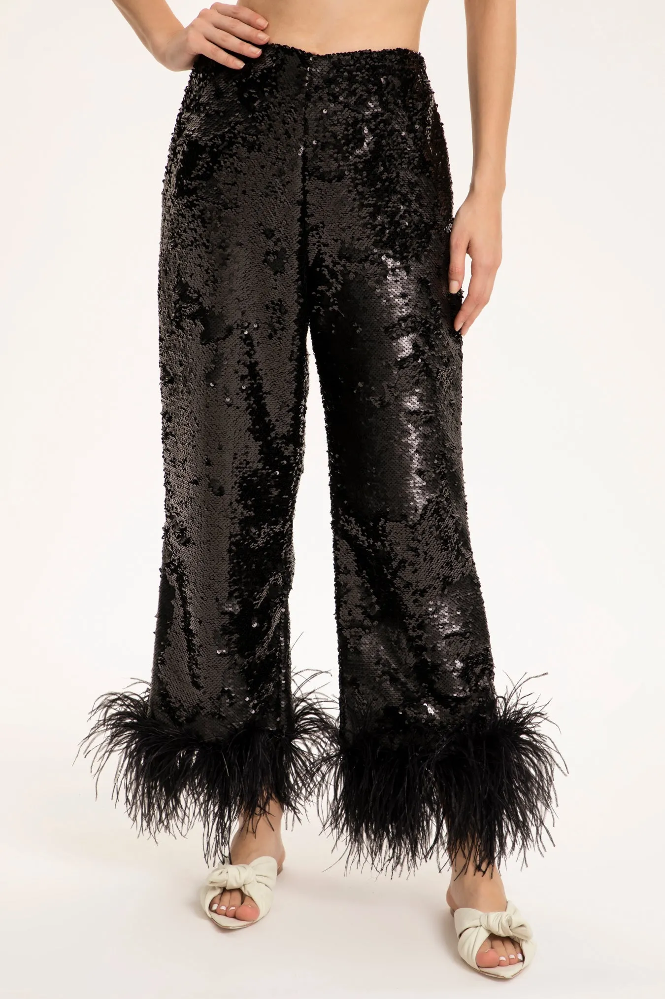 Sequins Wide-Leg Pants With Feathers