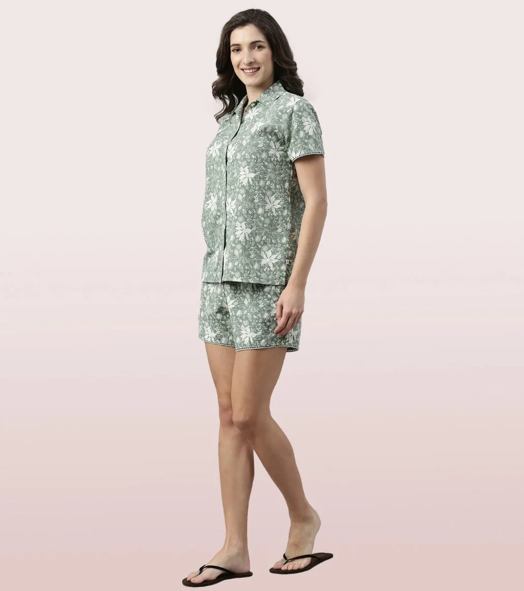 Slounge Shorts Set | Modal Woven Printed Shirt And Shorts Set