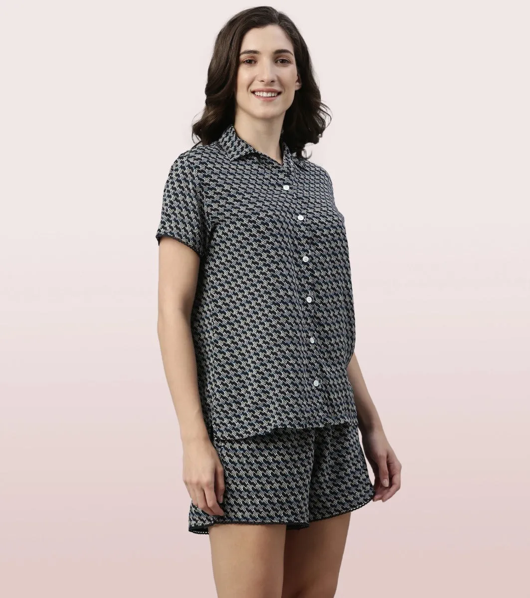 Slounge Shorts Set | Modal Woven Printed Shirt And Shorts Set