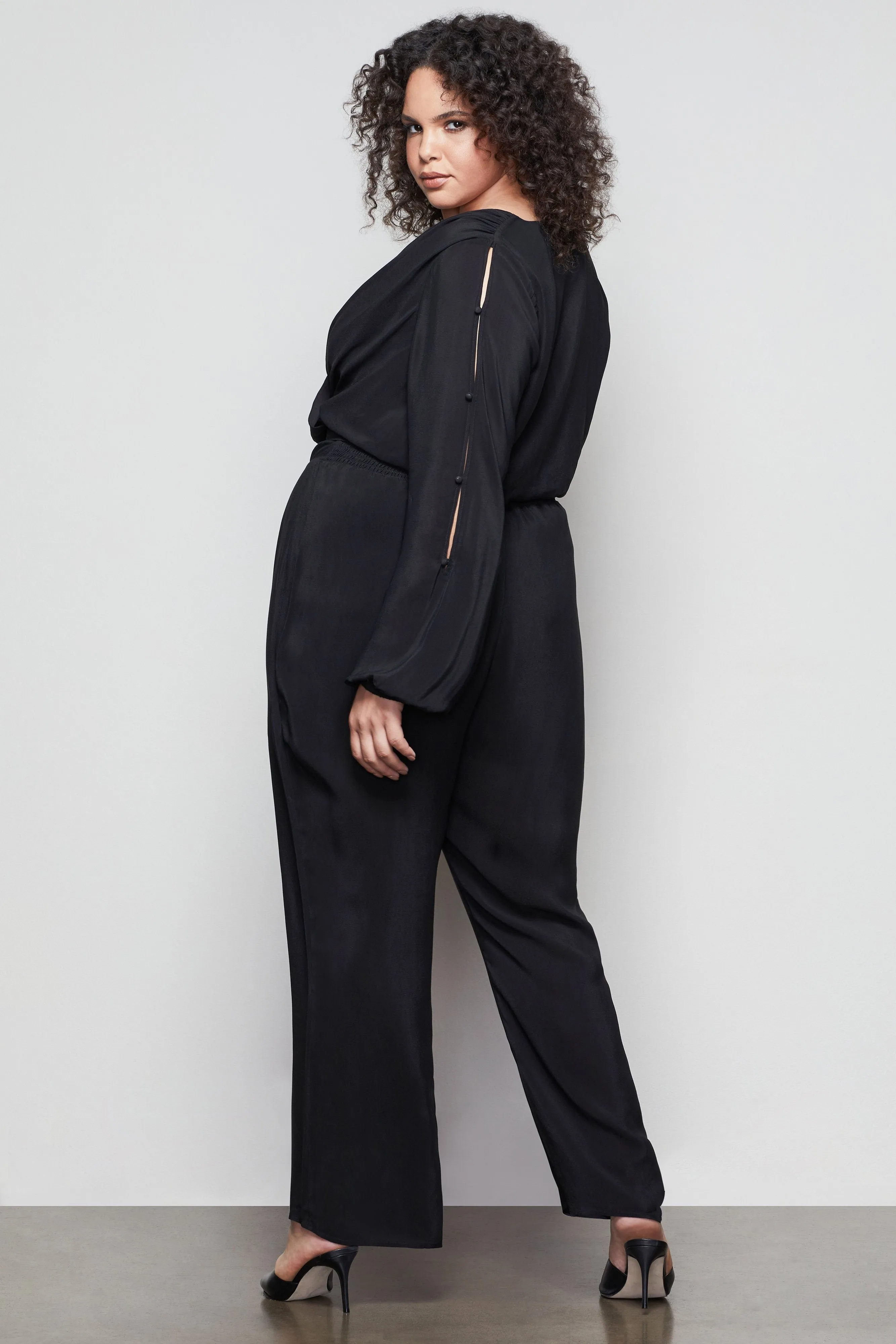 SMOCKED WAIST WIDE LEG PANT | BLACK001