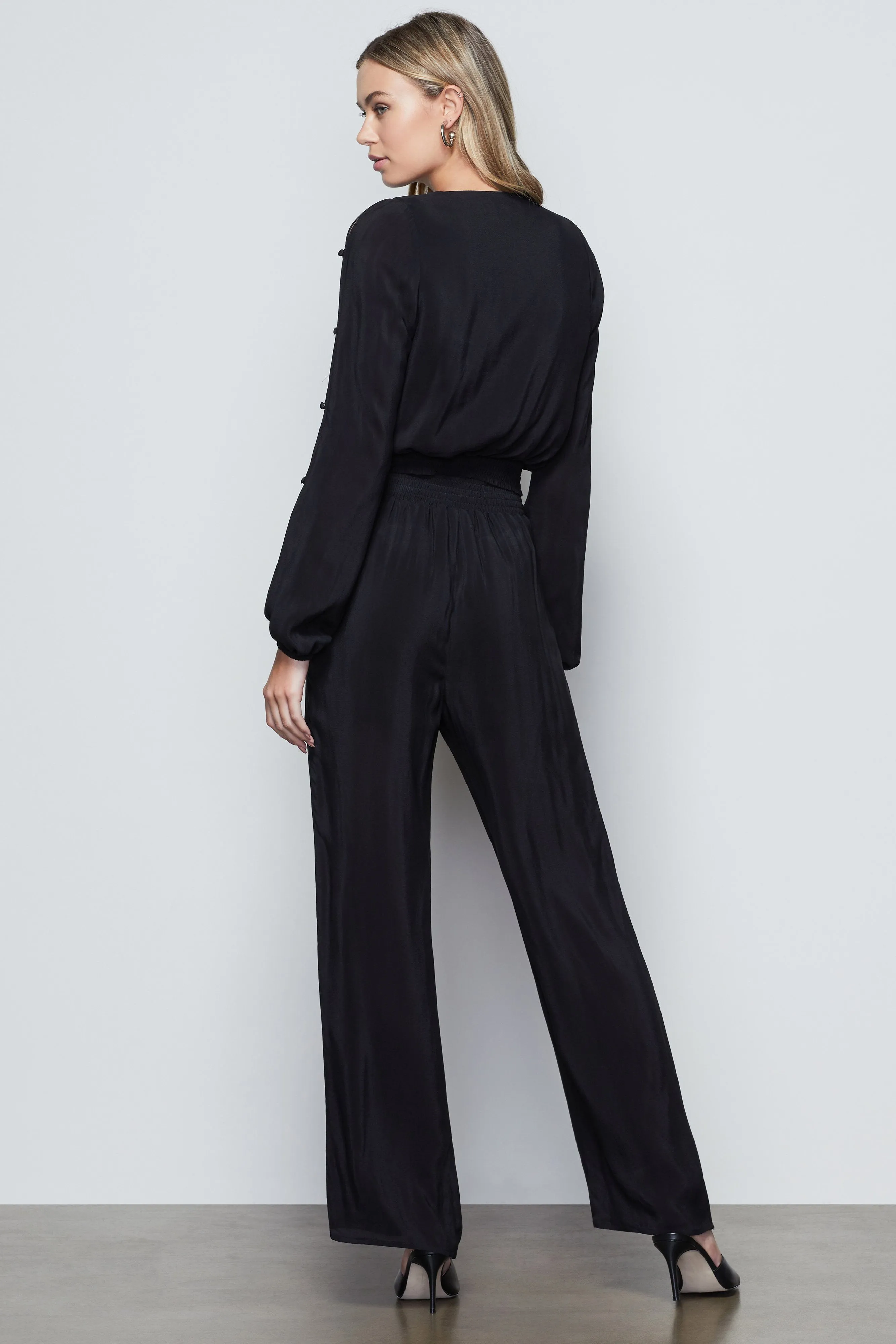 SMOCKED WAIST WIDE LEG PANT | BLACK001