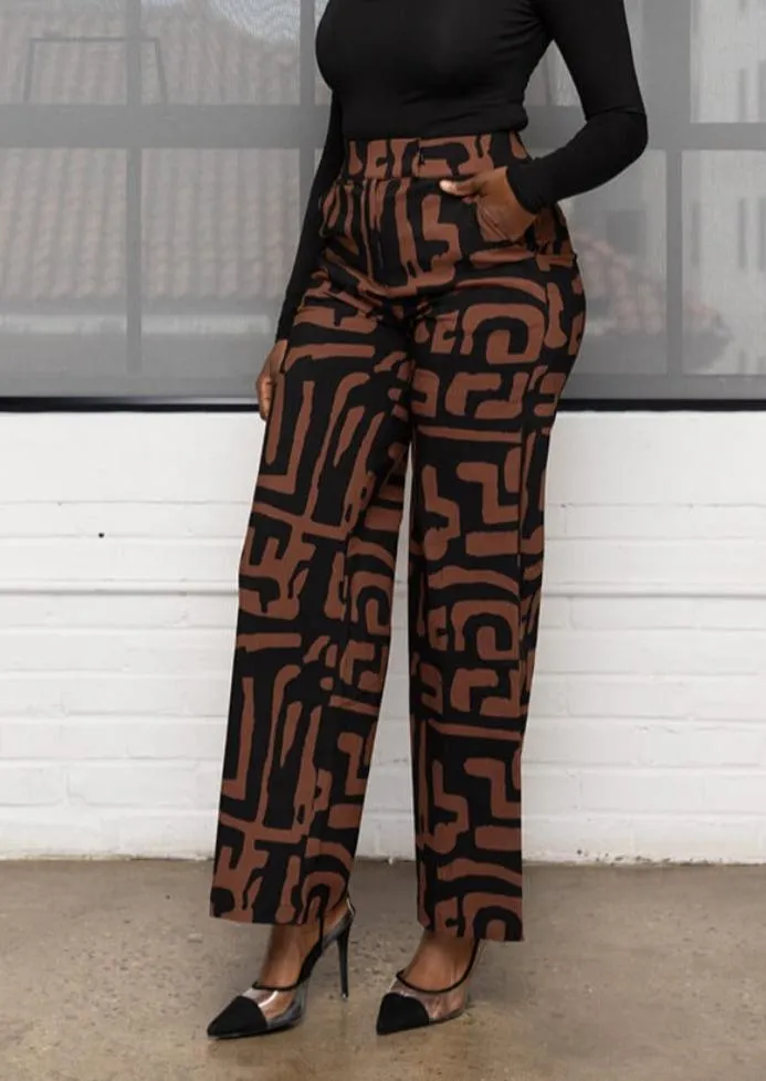 Thema Women's African Print Wide Leg Stretch Pants (Espresso Geometric)