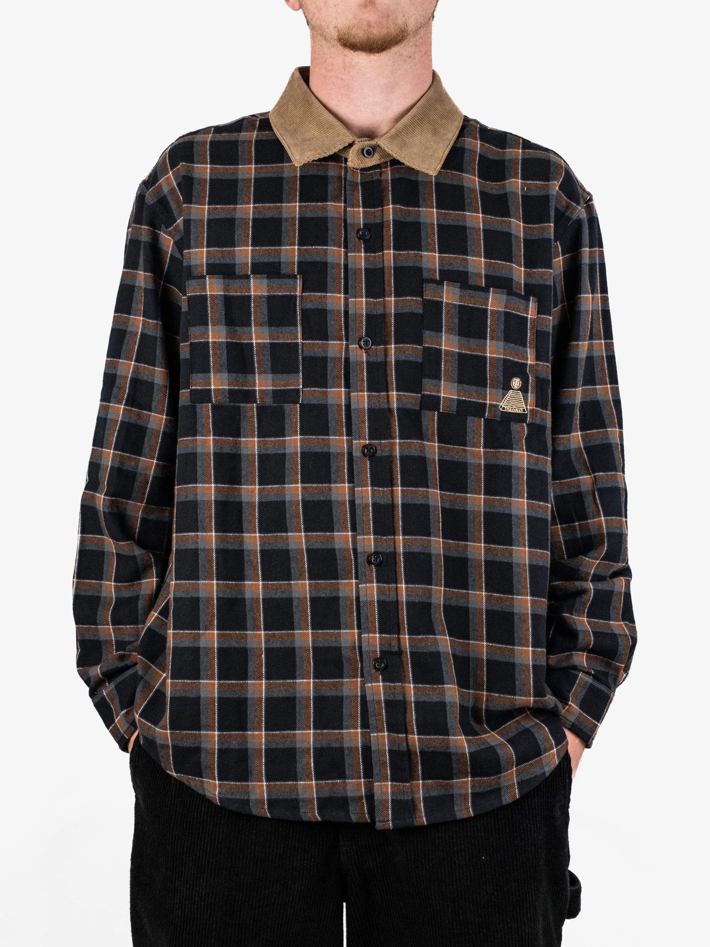 Theories Of Atlantis - Cascadia Cord Collar Flannel Shirt - Black / Tan