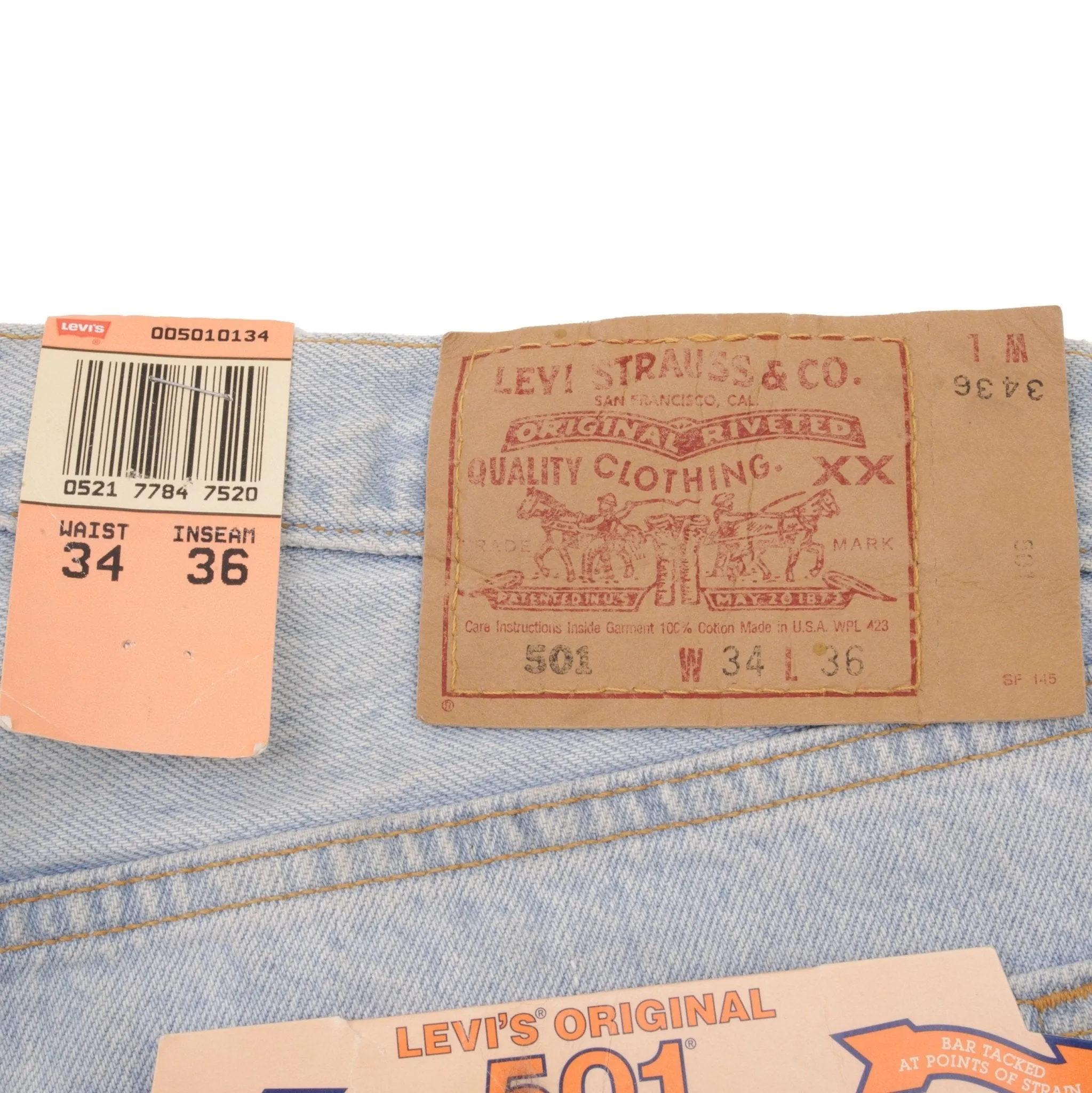 VINTAGE DEADSTOCK LEVIS 501 PRESHRUNK JEANS LIGHT BLUE 1990S W34 L36 MADE IN USA