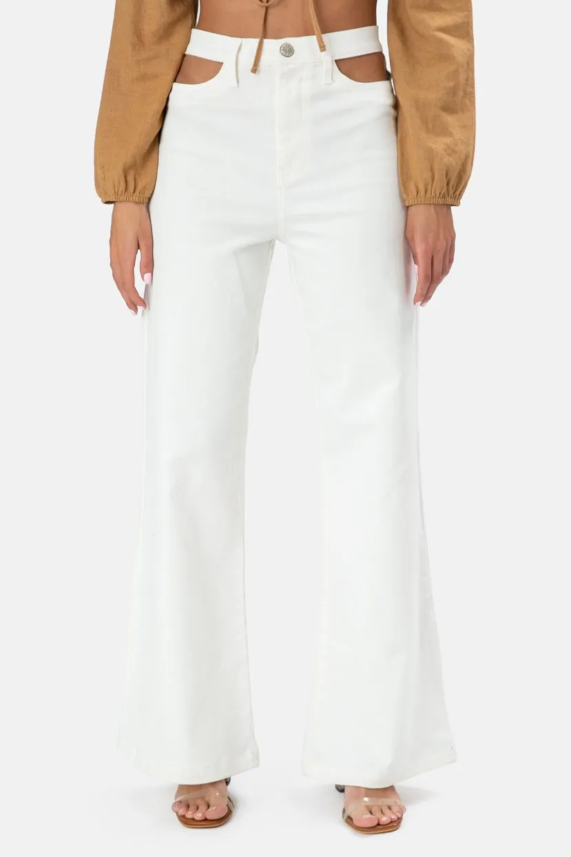 White Waist Cut Out Flare Jeans