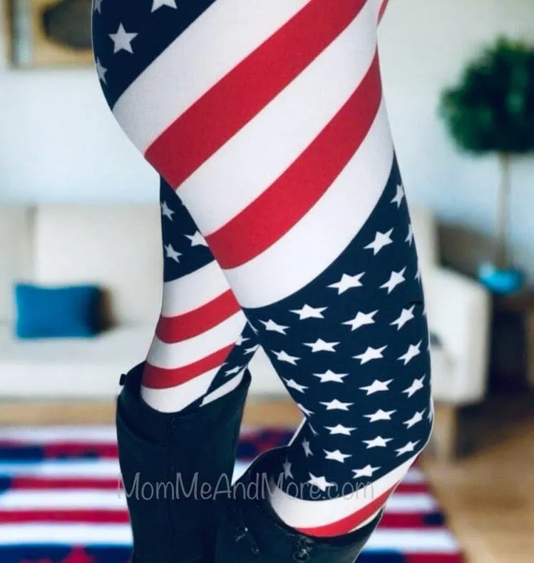 Womens American Flag Leggings, Patriotic 4th of July Pants, Sizes 0-18, No-Roll Waist, Red/White/Blue