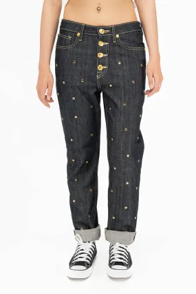 WOMENS BOYFRIEND STYLE JEANS WITH BLACK DIAMOND CRYSTALS IN RAW