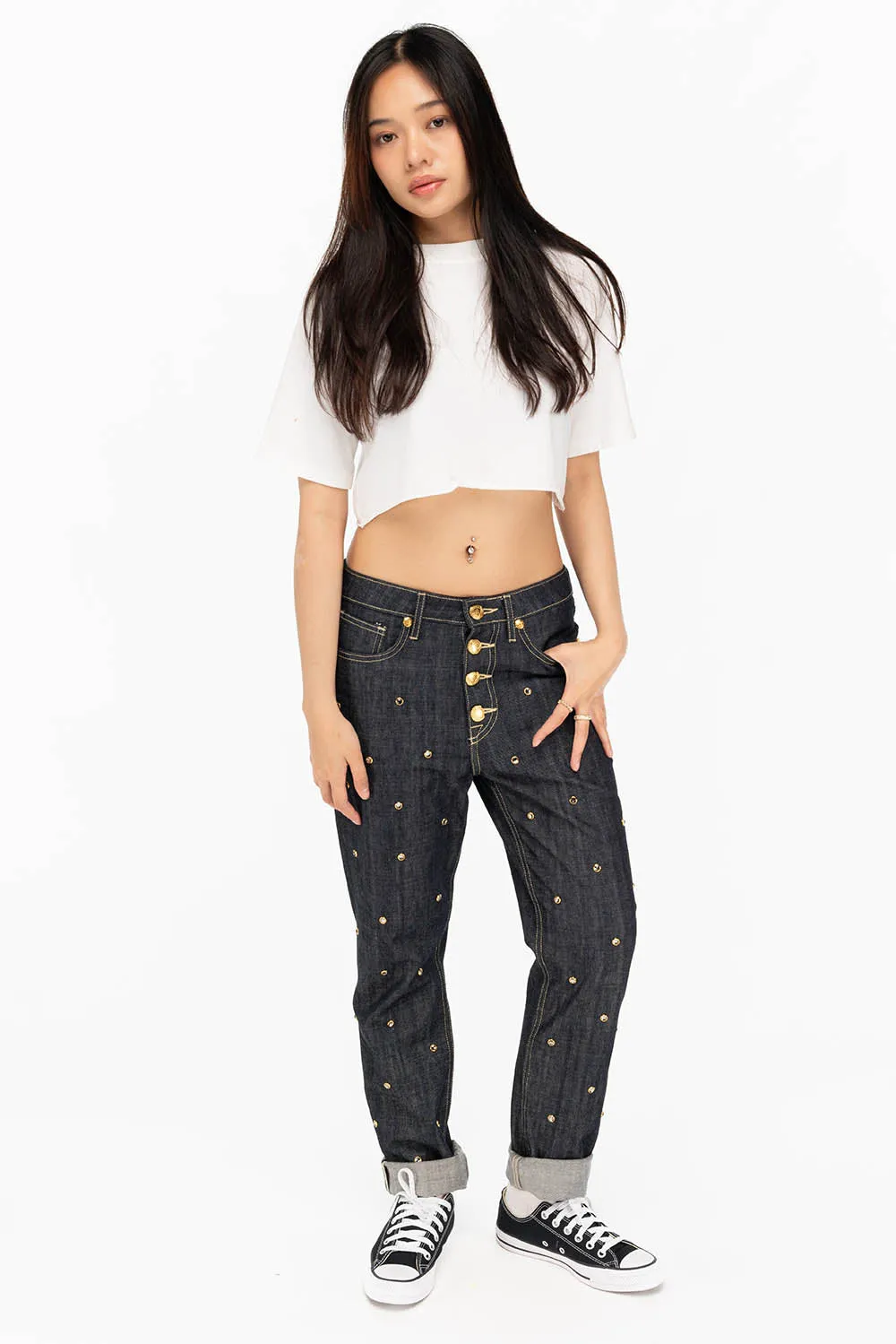 WOMENS BOYFRIEND STYLE JEANS WITH BLACK DIAMOND CRYSTALS IN RAW