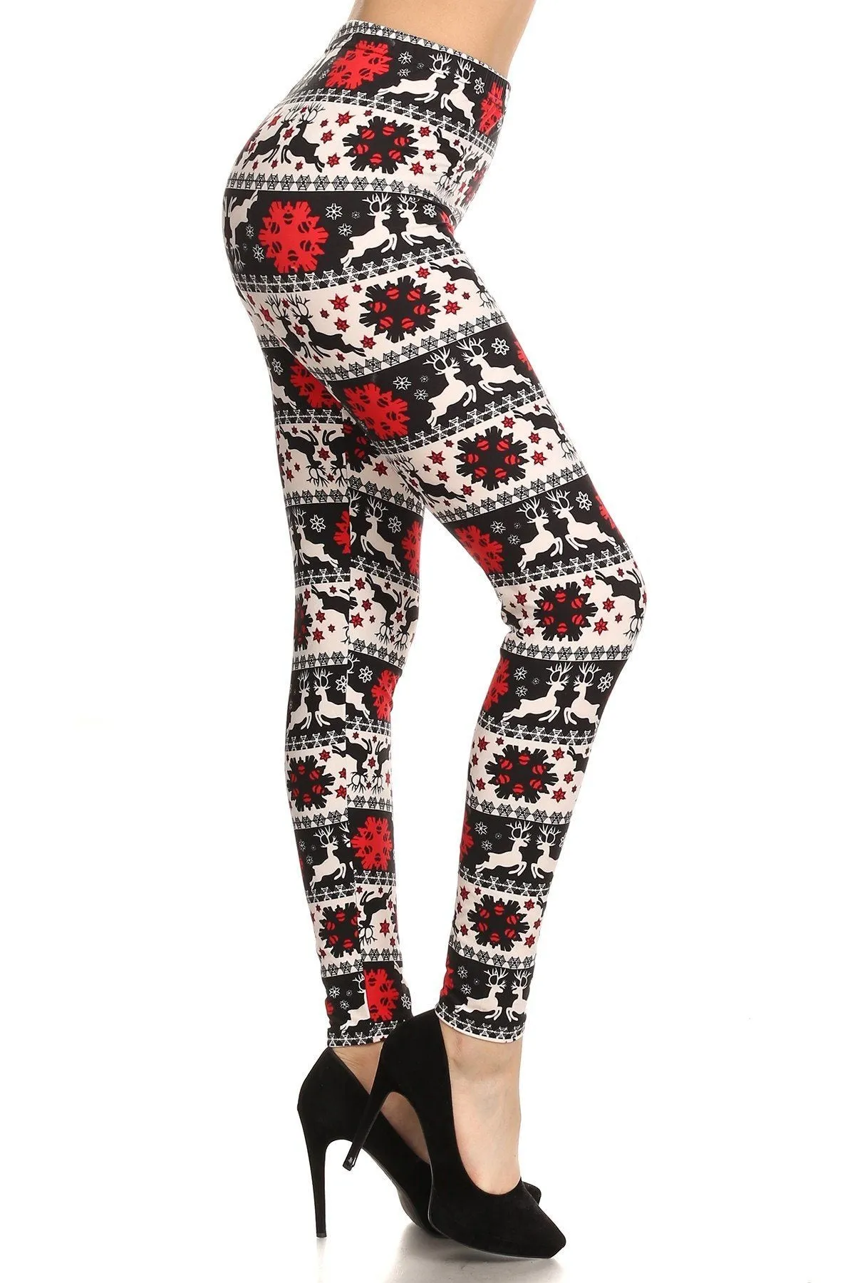 Womens Christmas Reindeer Snowflake Leggings, Soft Yoga Pants, Size 0-18, White/Red/Black