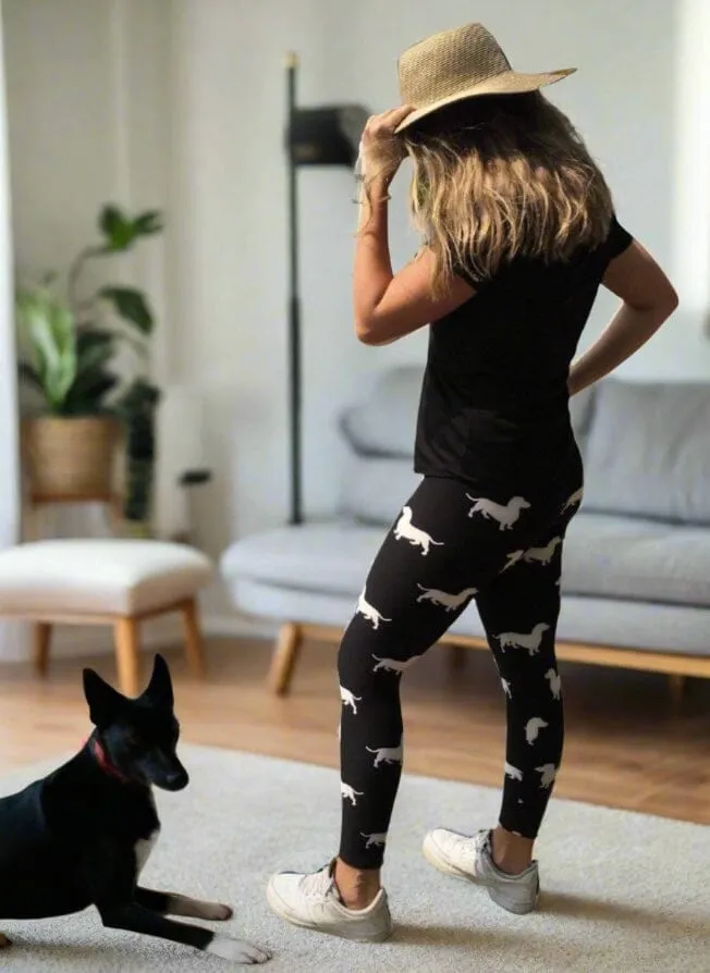 Womens Dachshund Dog Leggings, Soft Yoga Pants, Sizes 18-22, No-Roll Waist, Black/White