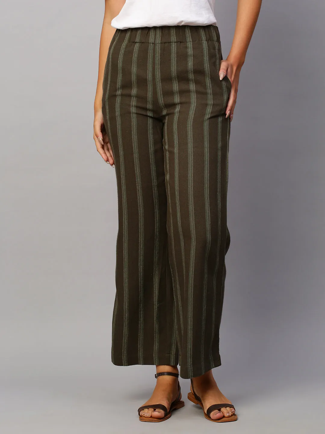 Women's Olive Viscose Linen Wide Leg Pant