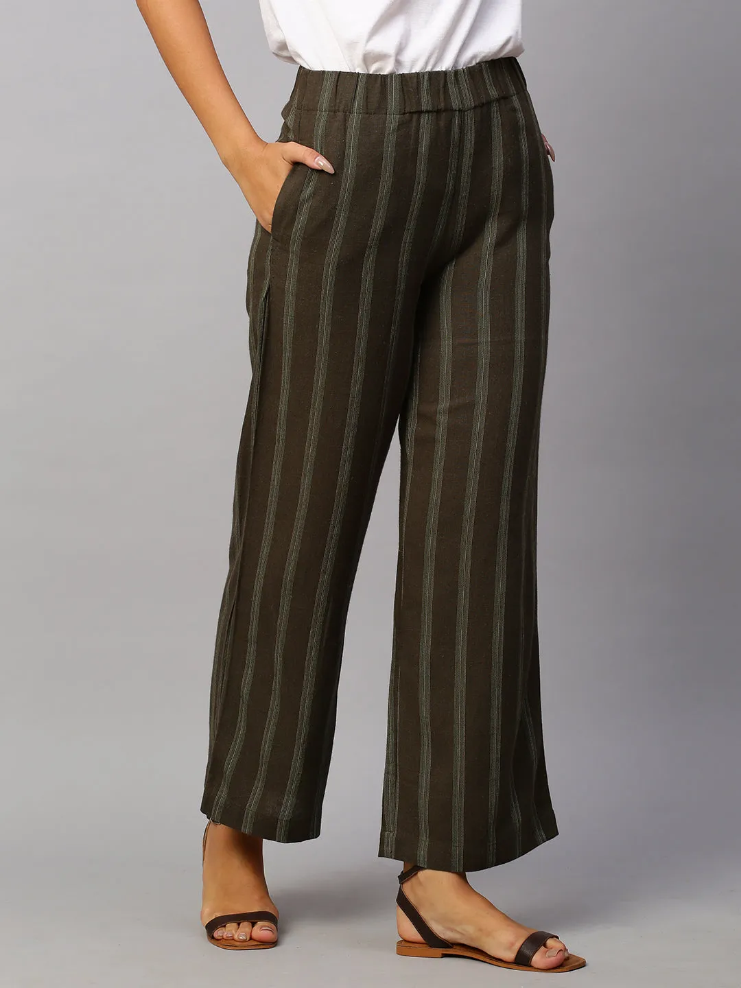 Women's Olive Viscose Linen Wide Leg Pant