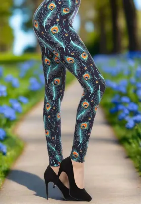 Womens Peacock Leggings, Soft Yoga Pants, Sizes 0-18, Blue/Orange, No-Roll Waist