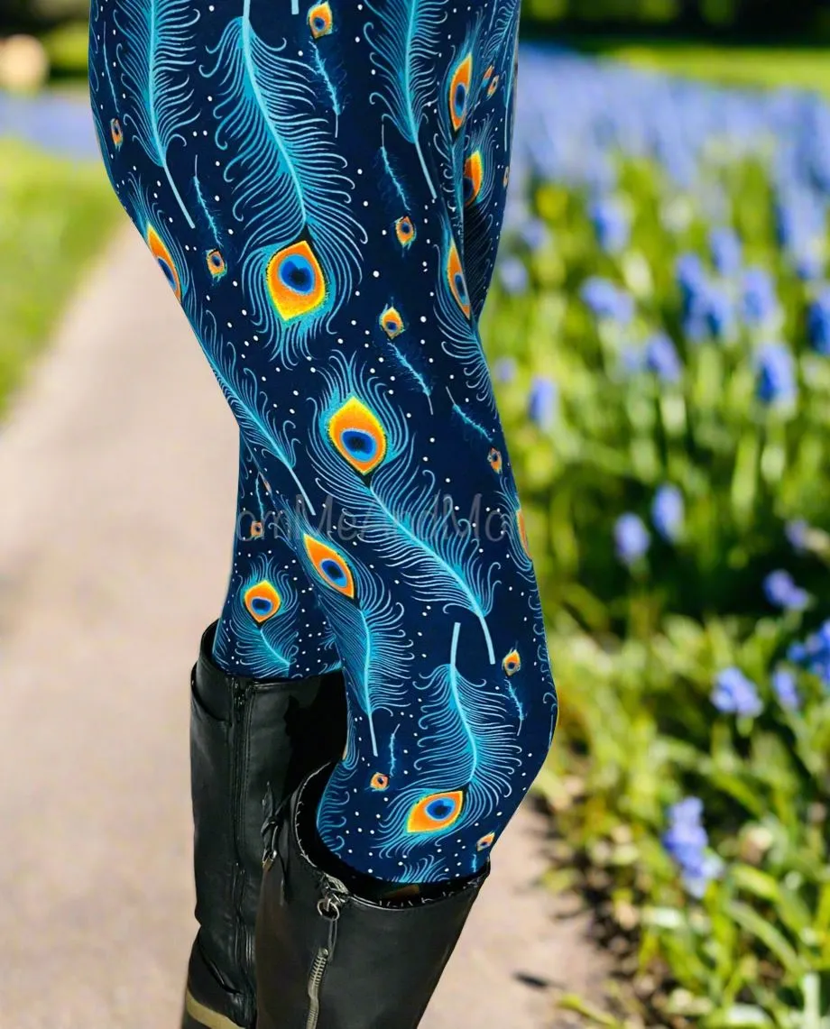 Womens Peacock Leggings, Soft Yoga Pants, Sizes 0-18, Blue/Orange, No-Roll Waist