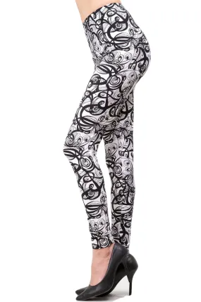 Women's Plus B&W Abstract Curve Pattern Printed Leggings