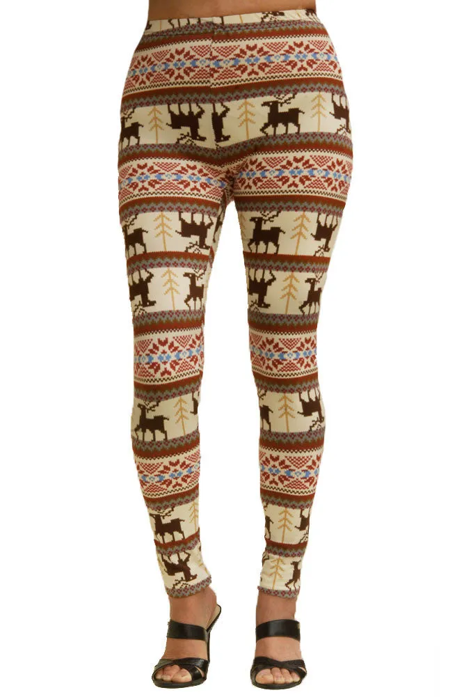 Women's Plus Colorful Holiday Reindeer Diamond Design Printed Leggings