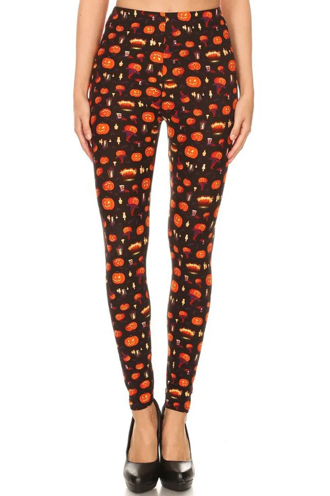 Women's Plus Jack O' Lantern Pumpkin Pattern Printed Leggings - One Size / Orange