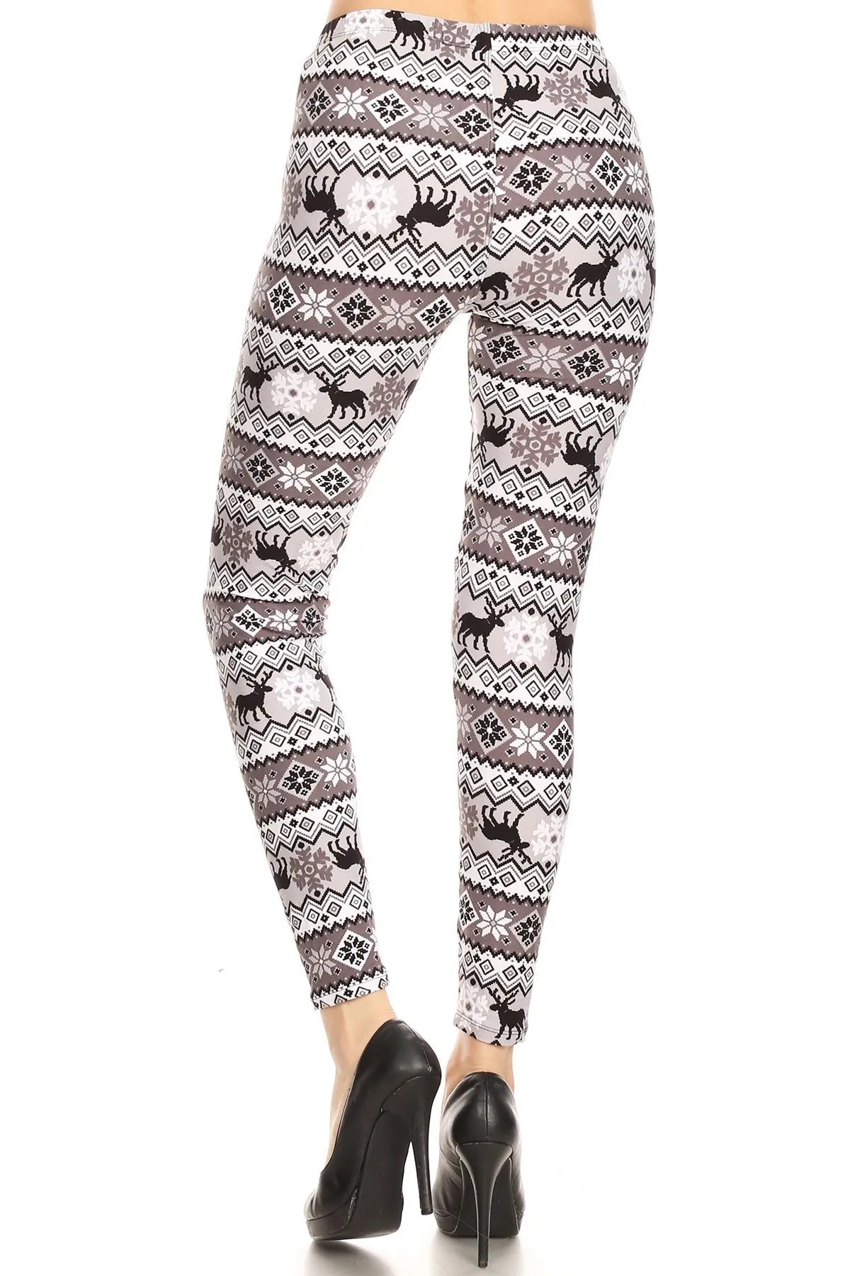 Women's Regular B&W Reindeer Fair Isle Pattern Printed Leggings