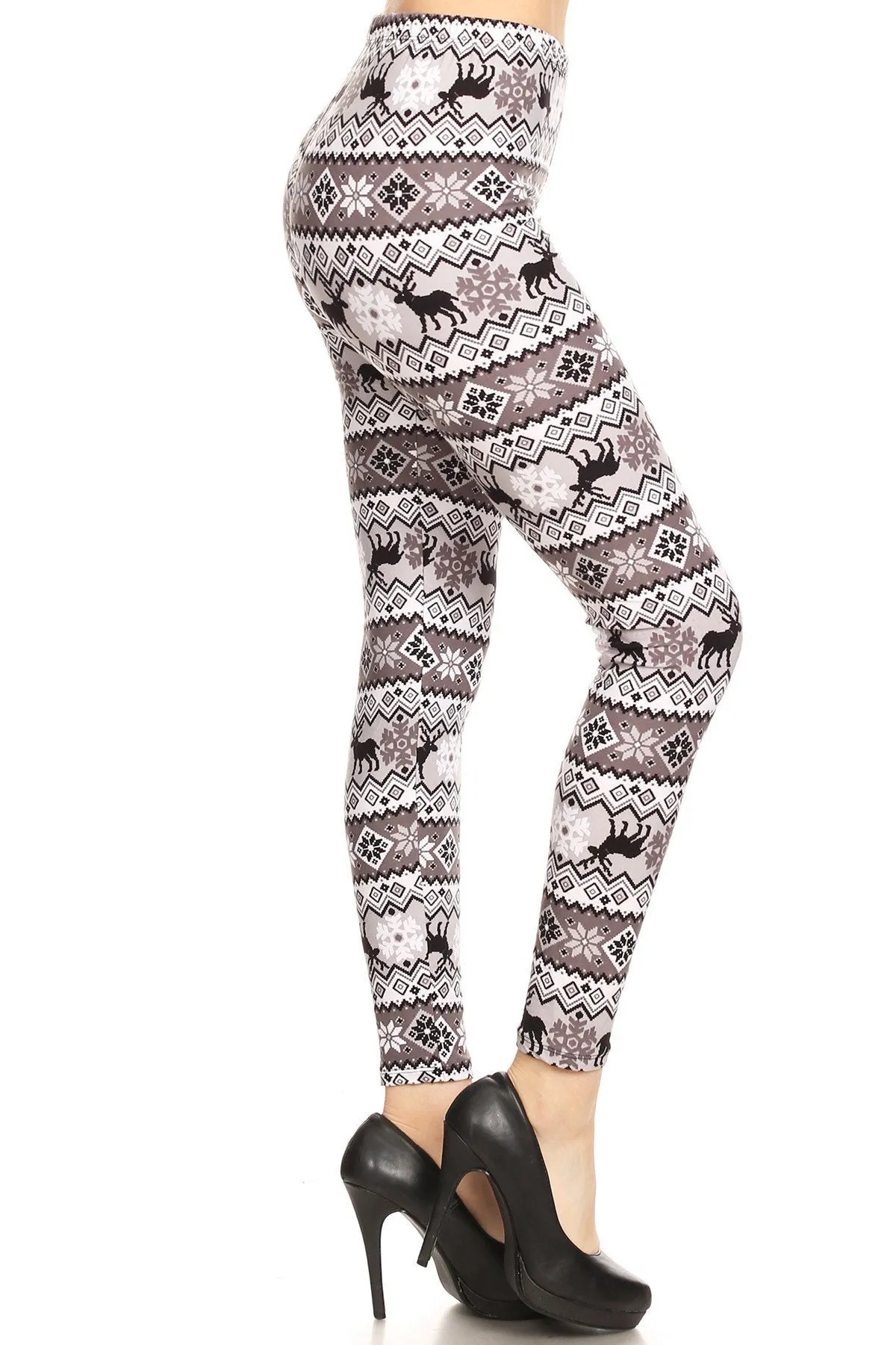 Women's Regular B&W Reindeer Fair Isle Pattern Printed Leggings