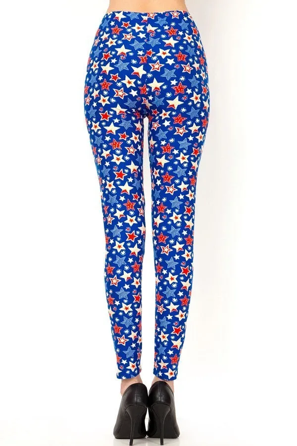 Women's Regular Blue Red Star American Flag Pattern Printed Leggings